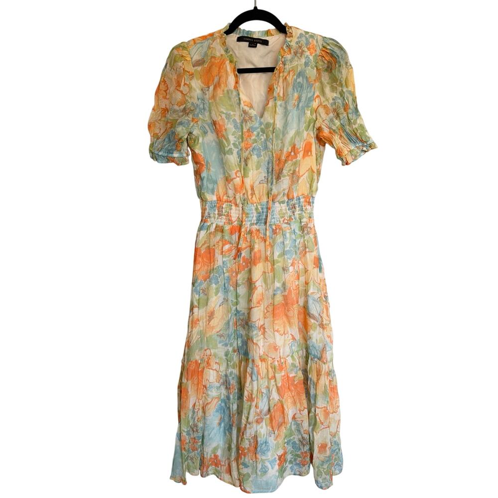 Cynthia Steffe, Size Medium, Floral Midi Dress, Yellow Puff Sleeve, Ruched Waist